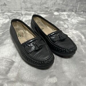 SAS Black Leather Loafers Moccasin Low Wedge Slip On Sz 6.5 VTG Made In USA
